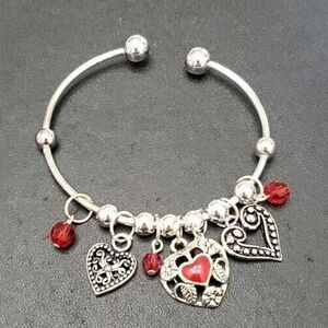 Silver tone charm bangle bracelet red enamel heart 6.25"